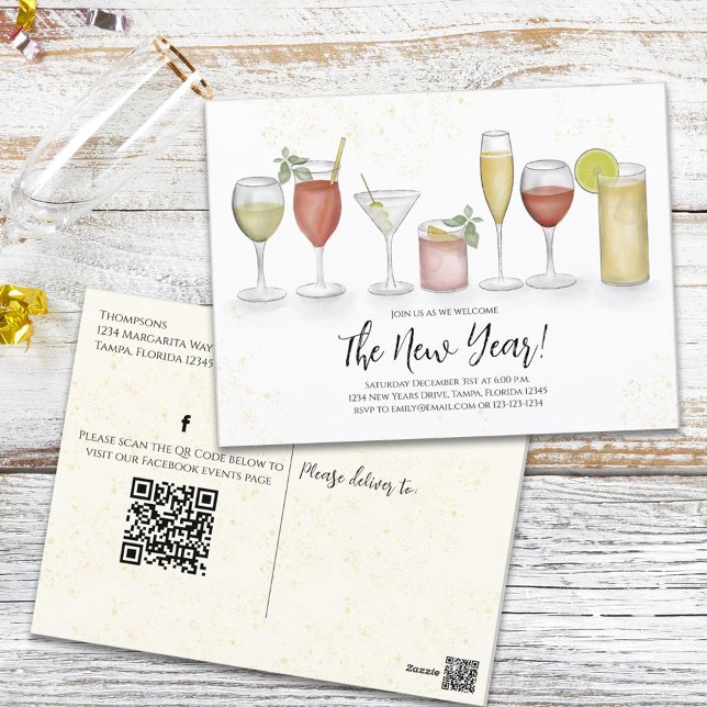 Neujahr Party Cocktail Drinks QR Code Veranstaltun Postkarte (Von Creator hochgeladen)