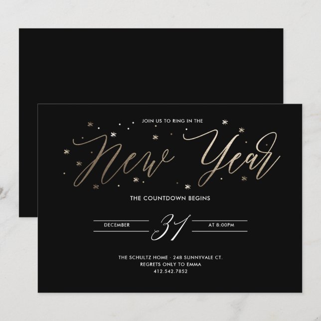Neujahr Party Gold Fossil Party Einladung Schwarz (Vorne/Hinten)