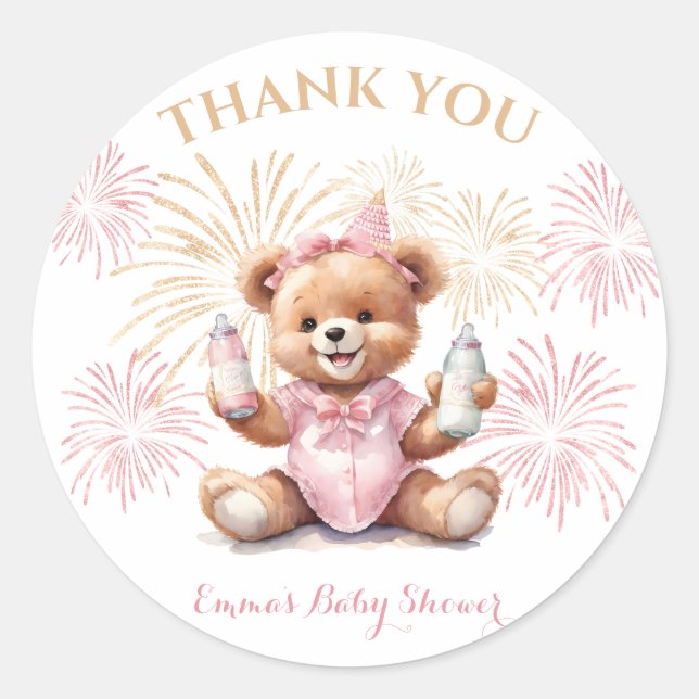 Neujahr Pink Bear Girl Babyaufkleber Runder Aufkleber (Vorderseite)