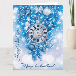 Neujahr Uhr Blau weiß Frohe Weihnachten Karte