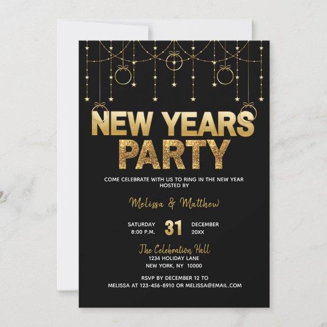 NEUJAHRES EVE Party Einladungen Gold Glitzer (Vorderseite)