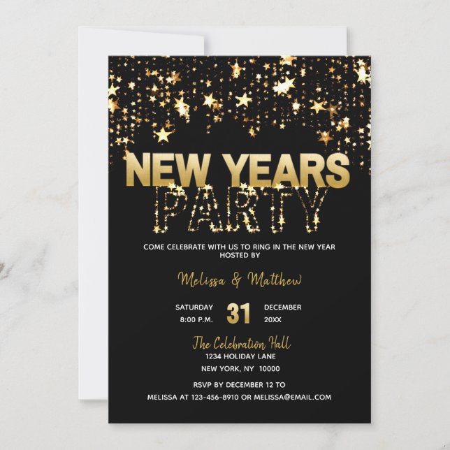 NEUJAHRES EVE Party Einladungen Gold Glitzer (Vorderseite)
