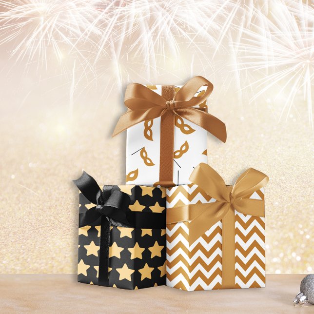 Neujahrliches Schwarz-Gold-Set 3 Geschenkpapier Set (Black and gold New Year set of 3 Wrapping Paper Sheets)