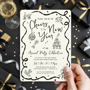 Neujahrs-Cheer-Handzeichnung Doodle Creme Schwarz Einladung