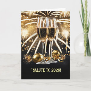 Neujahrs Cheers Salute 2026 Champagner Feuerwerk Karte