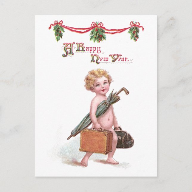 NeujahrsBaby mit Valise Vintages Neujahr Feiertagspostkarte (Vorderseite)