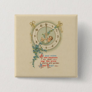 Neujahrsbaby Vintage-Uhr Button