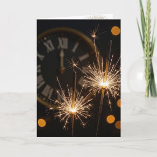 Neujahrsfeuerwerk auf einer Mitternachtsuhr Karte