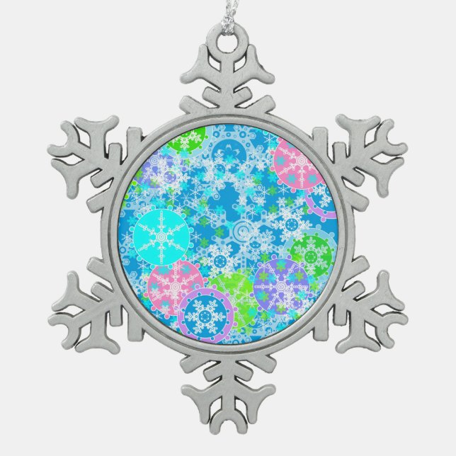 Neujahrsgestaltung Schneeflocken Zinn-Ornament (Vorderseite)