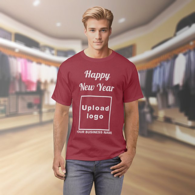Neujahrsgrüße am T - Shirt von Maroon (Business name and logo with New Year greeting on maroon t-shirt)