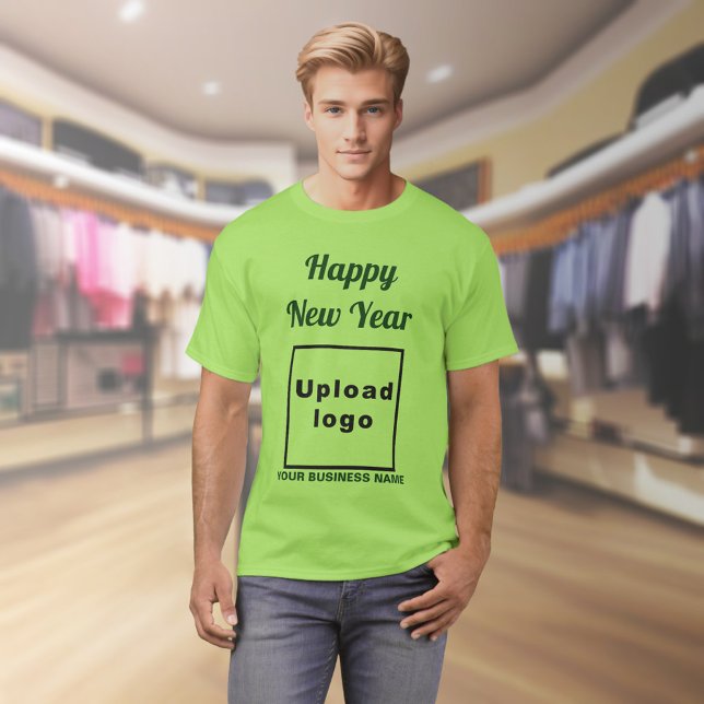 Neujahrsgrüße im grünen T - Shirt (Business name and logo with New Year greeting on lime green t-shirt)