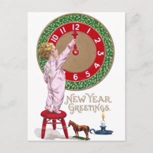 Neujahrsgrüße von Mistletoe Clock & Kleinkind Feiertagspostkarte
