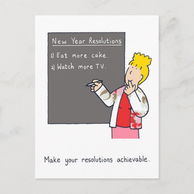 Neujahrsresolutionen Spaß Cake and TV Feiertagspostkarte (Vorderseite)