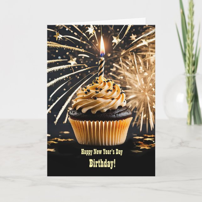 Neujahrstag Geburtstag mit Cupcake und Candle Karte (Vorderseite)