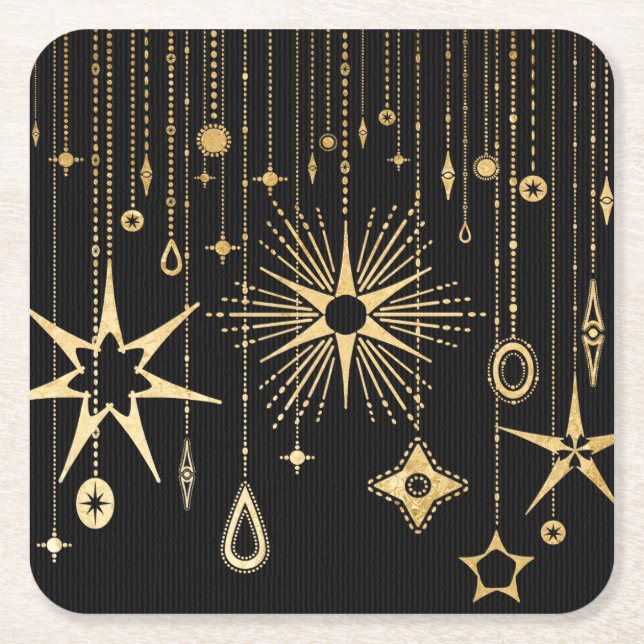 Neujahrswünsche schwarze und goldene Sterne Rechteckiger Pappuntersetzer (Vorderseite)