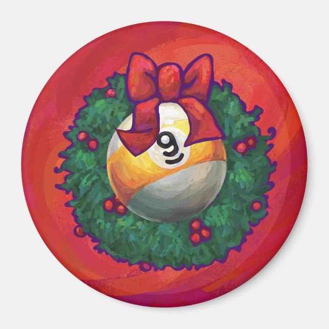 Neun Ball in Weihnachtskranz auf Rot Magnet (Vorne)
