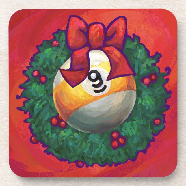 Neun Ball in Weihnachtskranz auf Rot Untersetzer (Vorderseite)