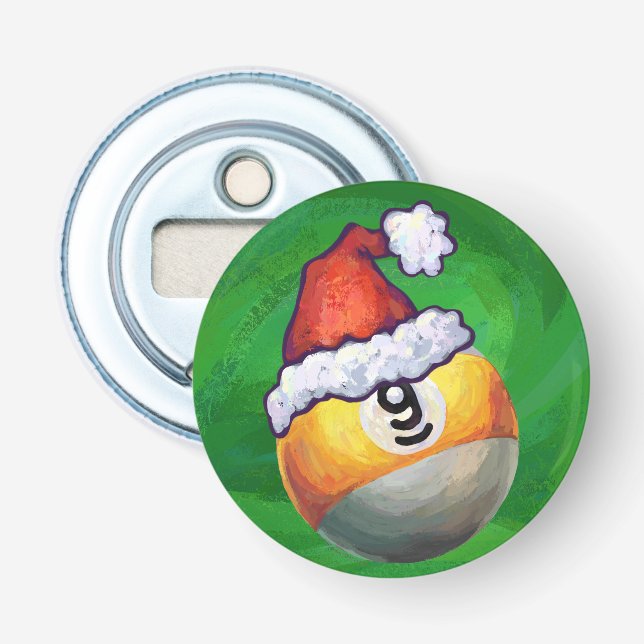 Neun Ball in Weihnachtsmannmütze über Grün Flaschenöffner (Vorderseite)