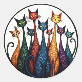 Neun farbenfrohe Katzen - Whimsical Felice Art Runder Aufkleber
