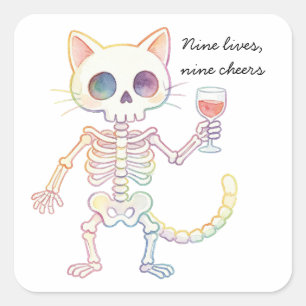 Neun Leben, neun Cheers, süße Skelettkatze Hallowe Quadratischer Aufkleber
