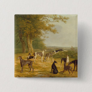 Neun Windhunde in einer Landschaft (Öl auf Button