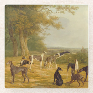 Neun Windhunde in einer Landschaft (Öl auf Glasuntersetzer