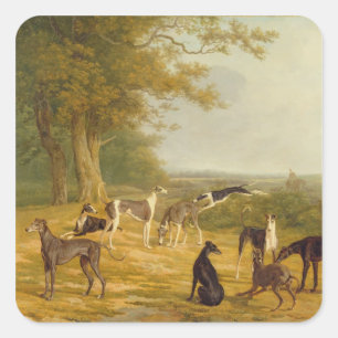 Neun Windhunde in einer Landschaft (Öl auf Leinwan Quadratischer Aufkleber