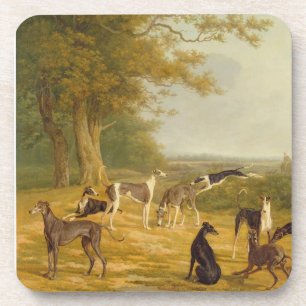 Neun Windhunde in einer Landschaft (Öl auf Untersetzer