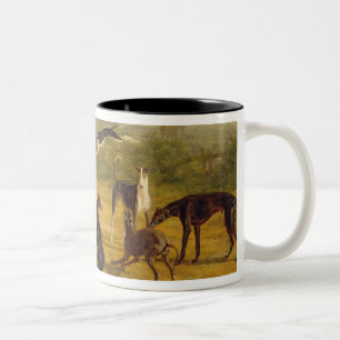 Neun Windhunde in einer Landschaft (Öl auf Zweifarbige Tasse
