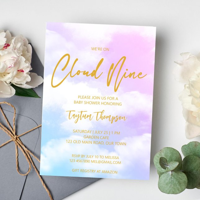 Neunen rosa und blaue Babydusche Einladung (Cloud nine baby shower invitation pink and blue ombre clouds modern gold script template invite)