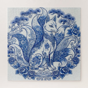 Neunschwänziger Fuchs Kitsune Imari-Stil Blau-Weiß