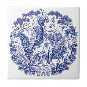 Neunschwänziger Fuchs Kitsune Imari-Stil Blau Weiß Fliese