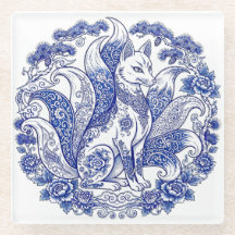 Neunschwänziger Fuchs Kitsune Imari-Stil Blau-Weiß