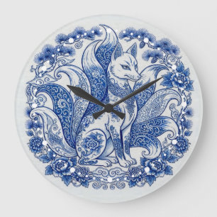 Neunschwänziger Fuchs Kitsune Imari Stil Blau Weiß Große Wanduhr
