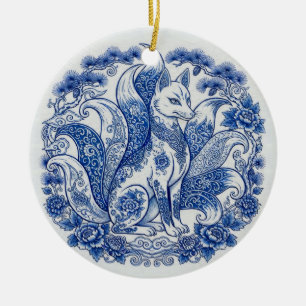 Neunschwänziger Fuchs Kitsune Imari-Stil Blau-Weiß Keramik Ornament