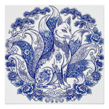 Neunschwänziger Fuchs Kitsune Imari-Stil Blau-Weiß