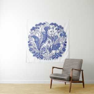 Neunschwänziger Fuchs Kitsune Imari-Stil Blau Weiß Wandteppich