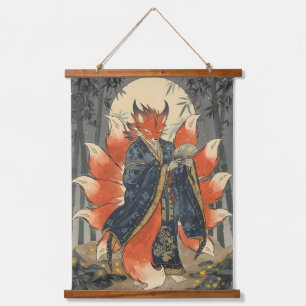 Neunschwänziger Kitsune-Fuchs Japanische Mytholo Wandteppich Mit Holzrahmen