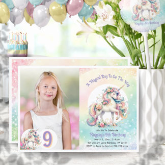 Neunte Einhorn Geburtstag Pastel Radiant Rainbow Einladung