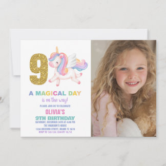 Neunte Rainbow Unicorn Geburtstagseinladungen mit  Einladung