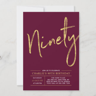 neunzig | Gold Burgundy Red 90. Geburtstagsparty Einladung