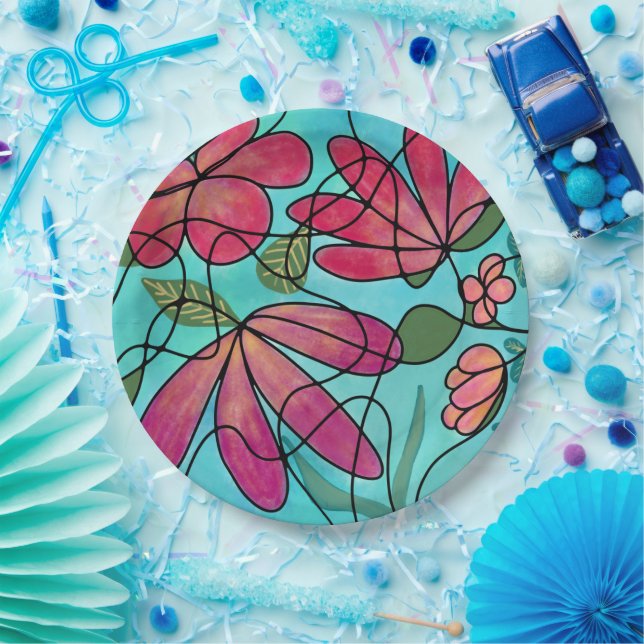 NEUROGRAFISCHE FRÜHSTÜCKSBLUMEN WASSERFARBEN PAPPTELLER (Party)