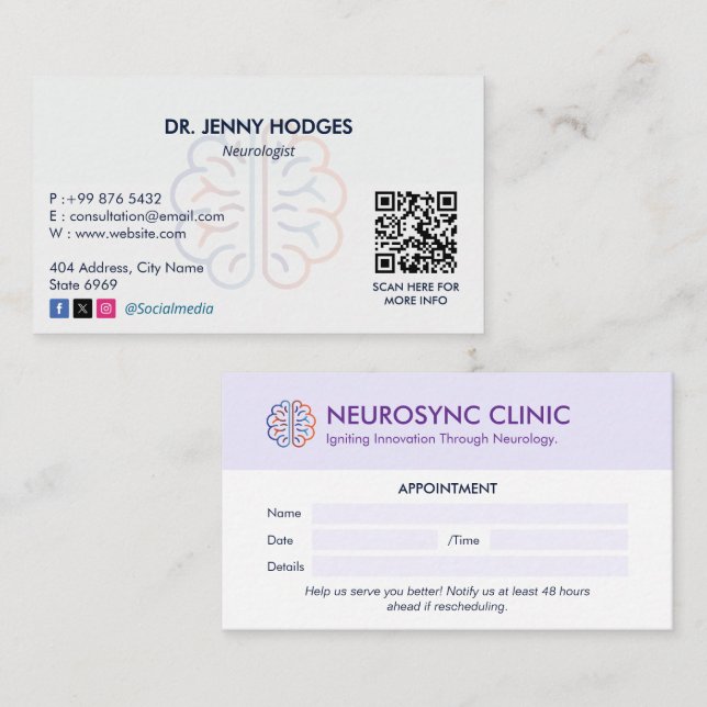 Neurologie Klinik | Saubere Ernennung Visitenkarte (Vorne/Hinten)