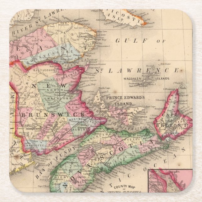 Neuschottland, New-Brunswick, Karte durch Mitchell Rechteckiger Pappuntersetzer (Vorderseite)