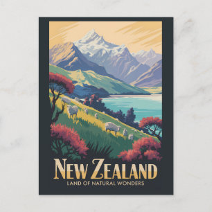 Neuseeland-Schaf-Illustration-Reise-Kunst-Vintage Postkarte