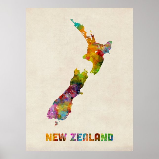Neuseeland, Wasserfarbenkarte Poster (Vorne)