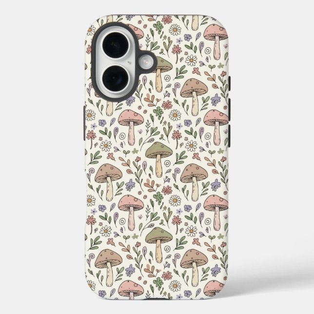 Neutral Aesthetic Mushroom Fungi Seamless Pattern iPhone 16 Hülle (Rückseite)