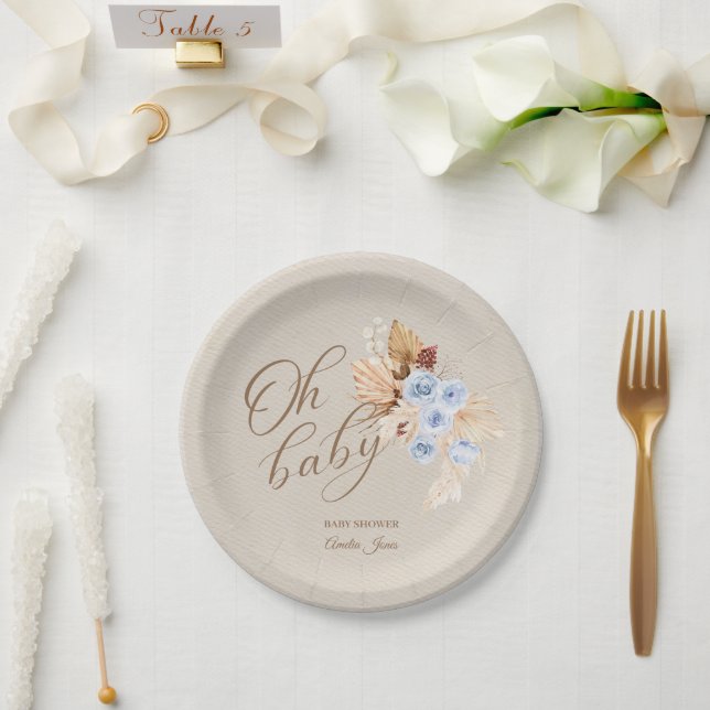 Neutral Baby Blue Pampas Grass Giraffe Pappteller (Hochzeit)