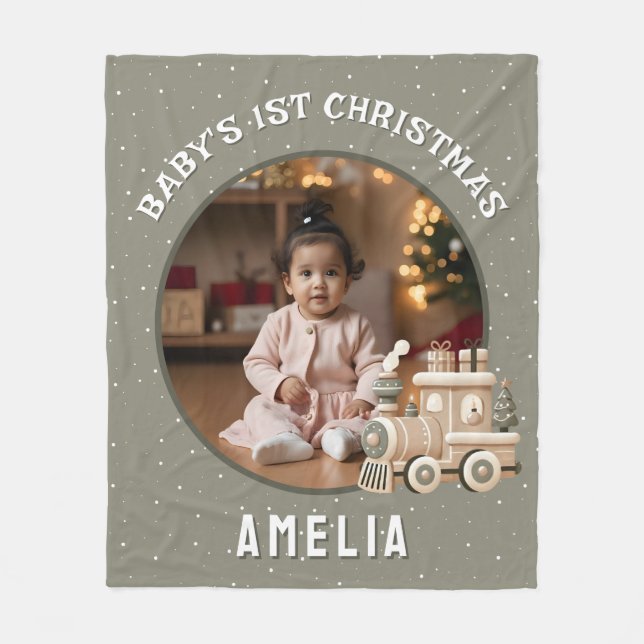 Neutral Baby’s 1st Christmas Train Keepsake Photo Fleecedecke (Vorderseite)