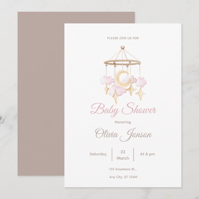 Neutral Baby Shower Invitation Moon and Stars (Devant / Derrière)